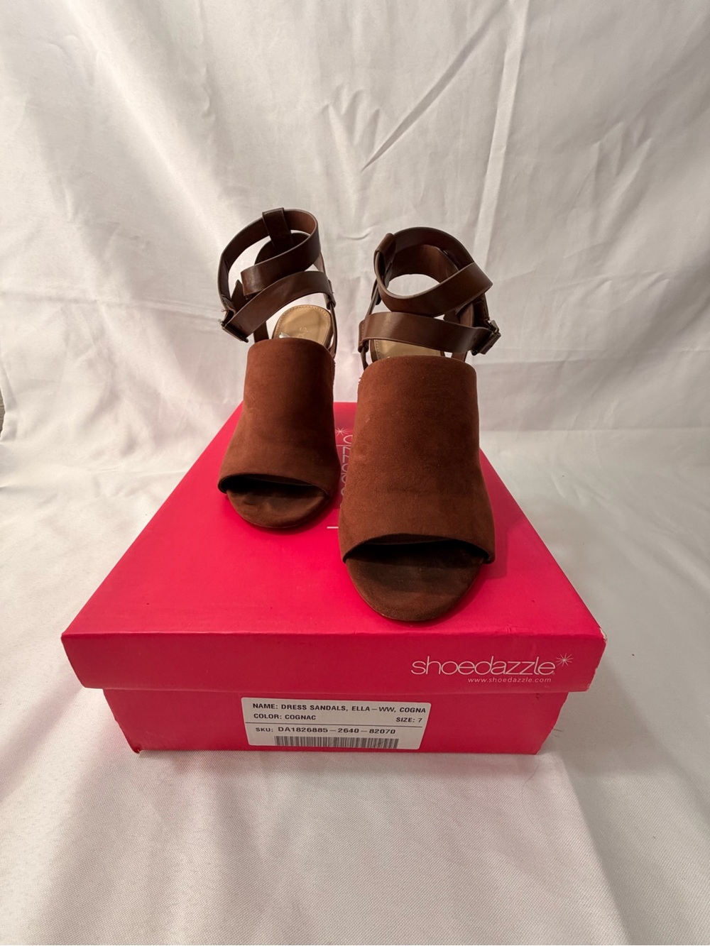 Shoe Dazzle Ella Cognac Brown Suede Block Heel Sandals
